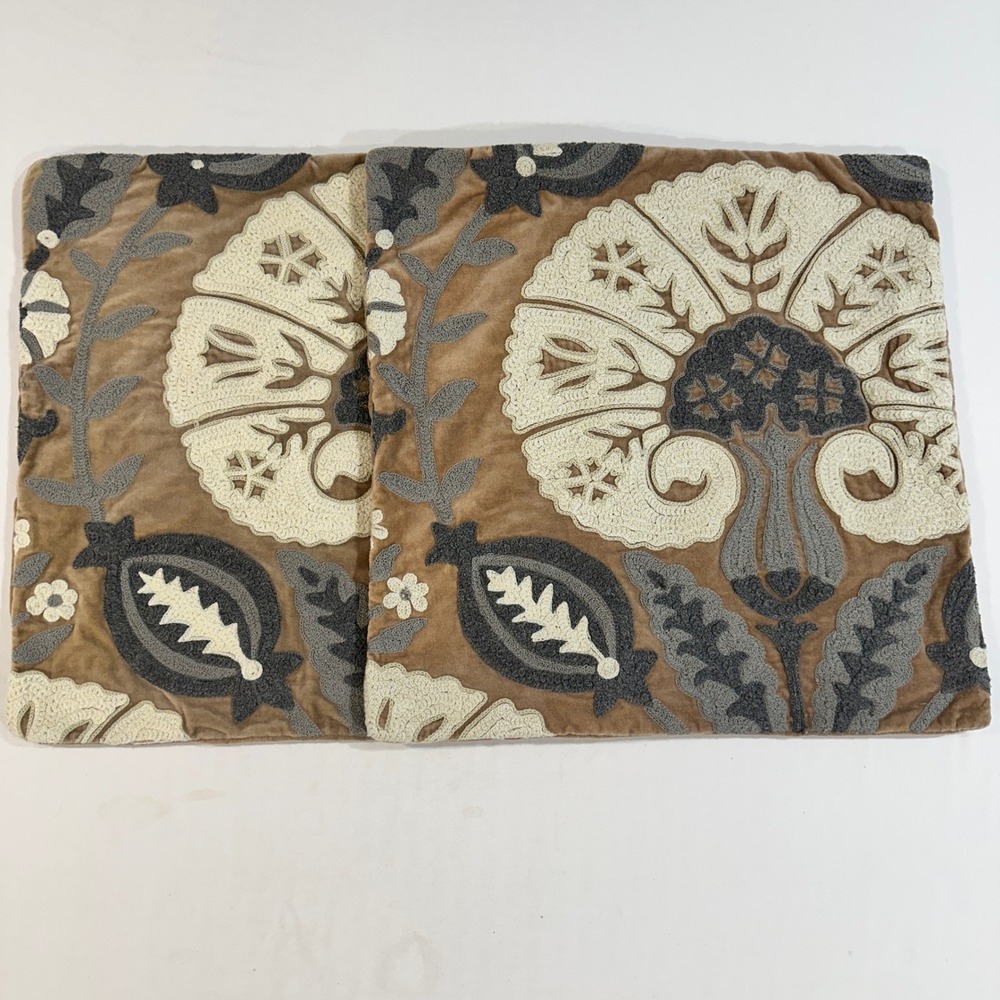 Pottery Barn Crewel Embroidered Velvet Pillow Covers 20x20 Tan Floral Set of 2